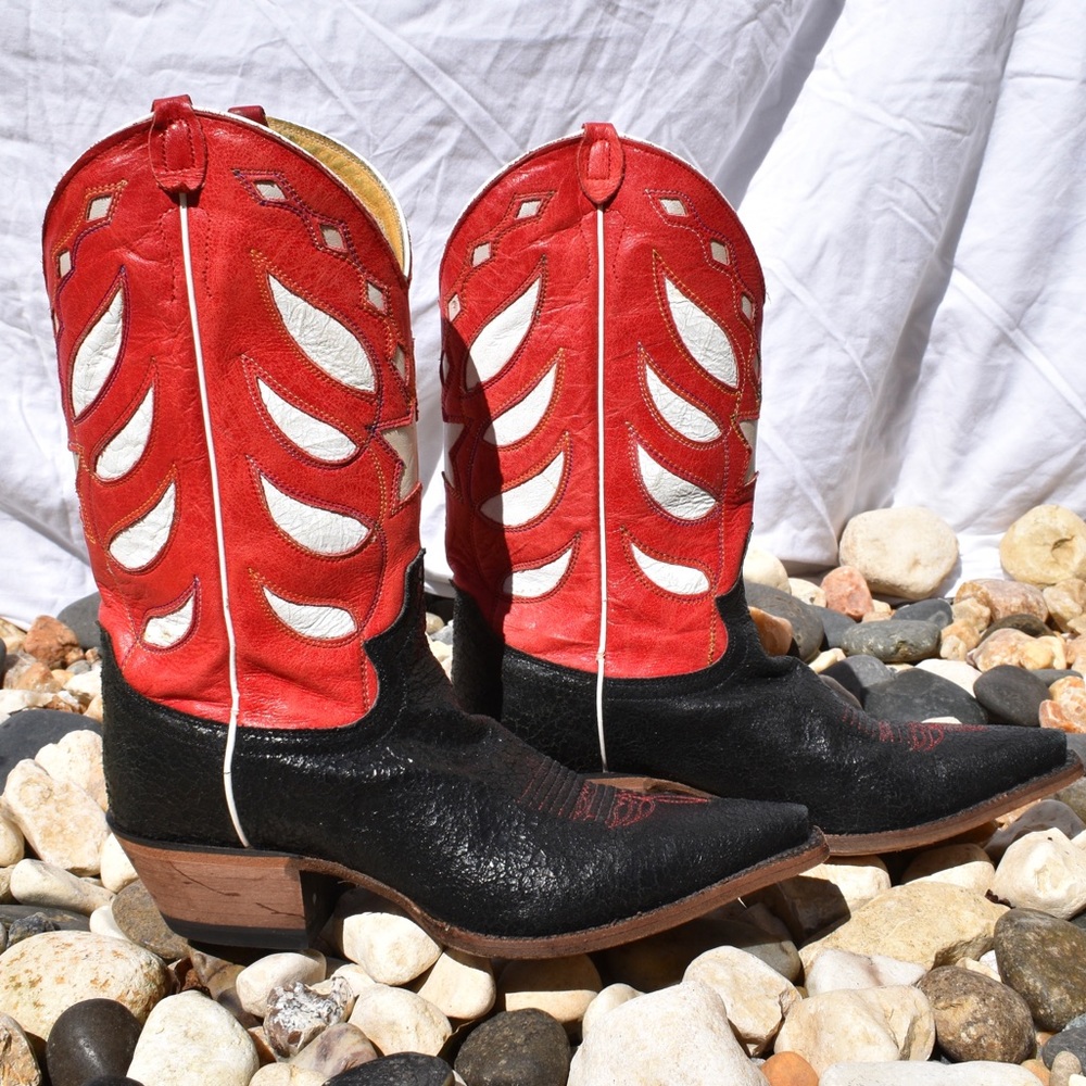 Justin Vintage Western Cowboy Boot Red & Black 7.5 - Picture 4 of 16